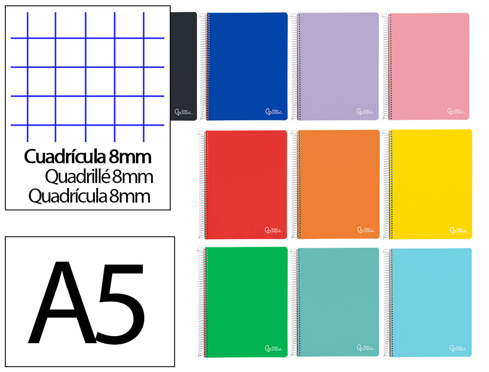 CUADERNO ESPIRAL LIDERPAPEL DIN A5 WITTY TAPA DURA 80H 90GR CUADRO 8MM CON MARGEN COLORES SURTIDOS